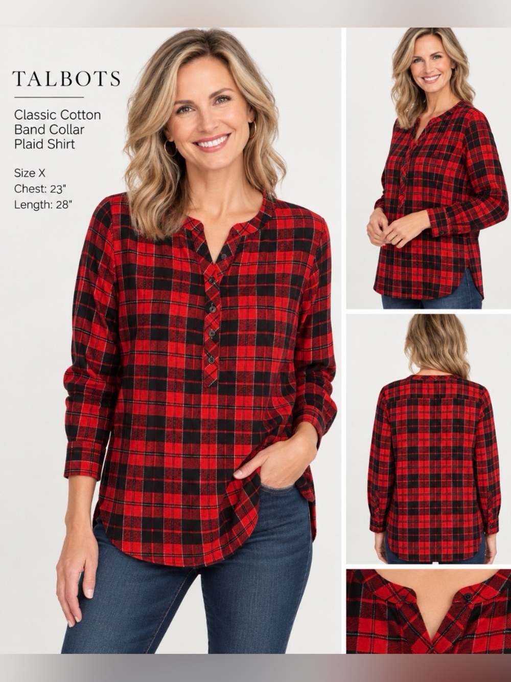 Talbots Size X Plaid Classic Cotton band collar Red/Black EUC